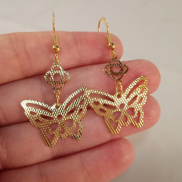 18K Yellow Gold Filled Hollow Carved Butterfly Flower Dangle Earrings Party Gift - Picture 2 of 4